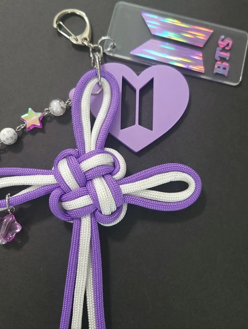 BTS Purple & White Knot Tassel Keychain with Heart Charm
